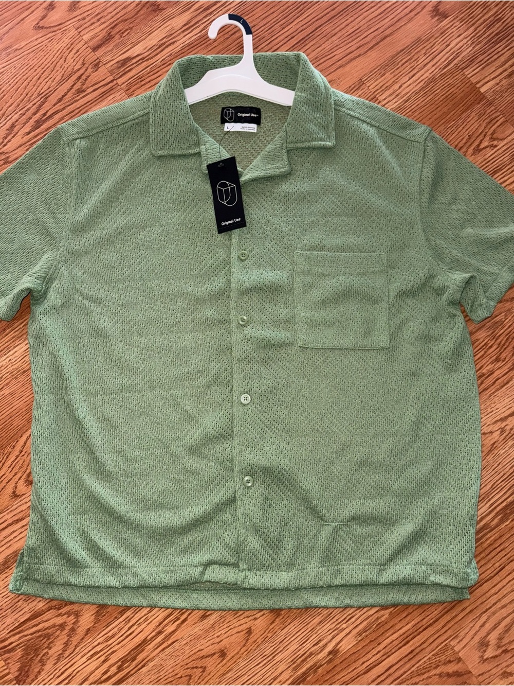 Original Use Men’s L Green Open-Knit Short Sleeve Button-Up Shirt NWT